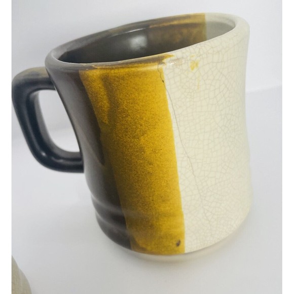 Vintage Stoneware Set of 2 Coffee Mugs Dark Brown yellow Cream Striped Ombre - Picture 3 of 6